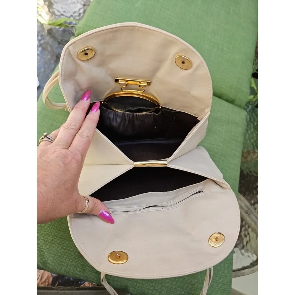 Lou Taylor Purse Italy Leather HORSE BIT Swivel Mirror Miami Vintage Cream Ivory